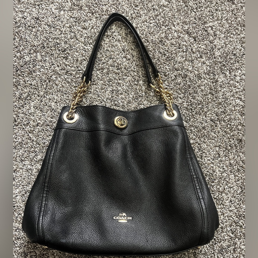 Coach Black and Gold Leather Turnlock Shoulder Purse.